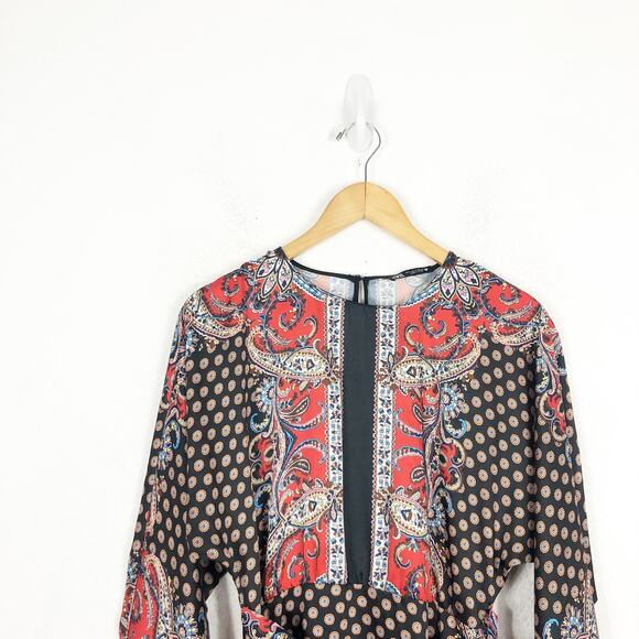 Zara Paisley Scarf Mix Print Satin Faux Wrap Mini Dress Small Boho Western - Picture 4 of 14